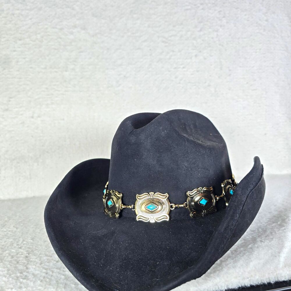 Black Suede Cowgirl Turquoise Stones Gold Band Western Hat